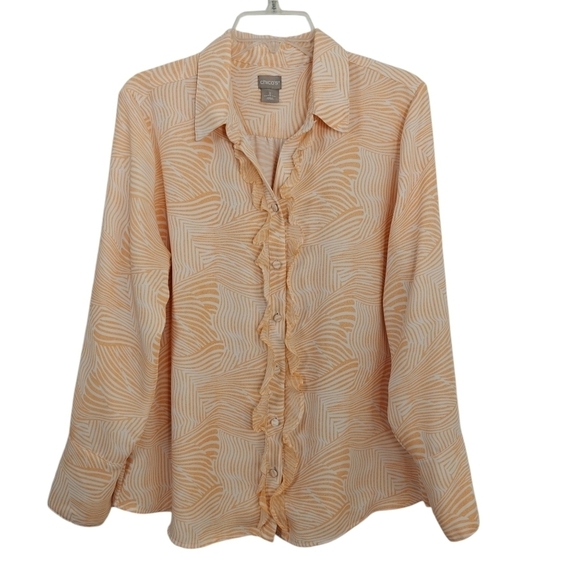Chico's Zebra Print Ruffle Front Blouse Size Large / 2 Peach Button Up Shirt - Picture 2 of 11